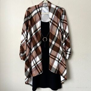 Boho Plaid Print Two-in-One Cardigan Mini Dress with Necklace
